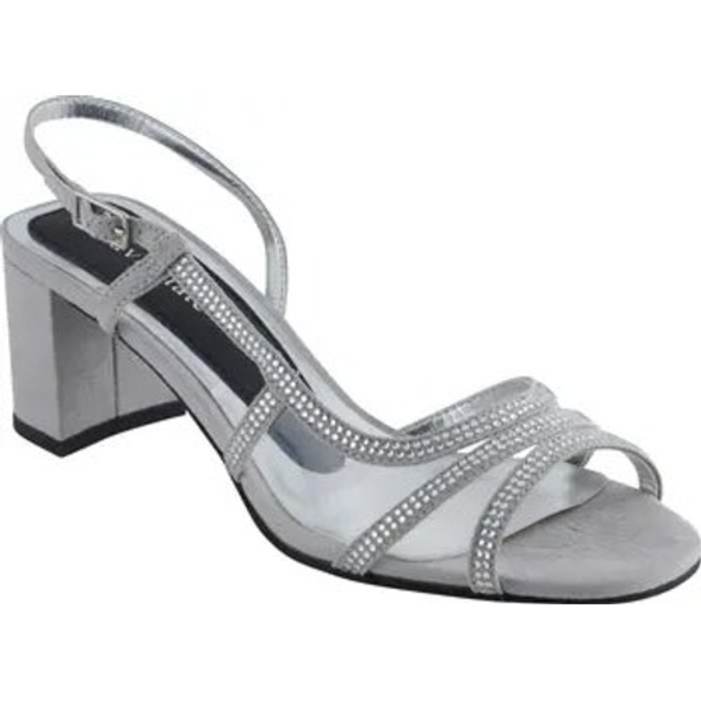 David Tate Slingback Sandal Rhinestone Clear Strap Womens 7N Silver Block Heel